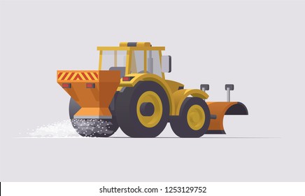 Vector low poly 3d isolated yellow snow plow removal spreader tractor spreading salt