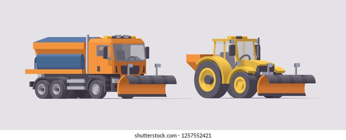 Vector low poly 3d isolated yellow snow plow removal spreader truck and tractor