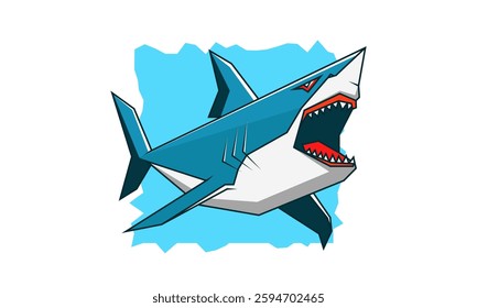 Vector low poly angular cubic simple scary shark with open toothy maw. Wild sea animal, predator. Ugly marine underwater fauna