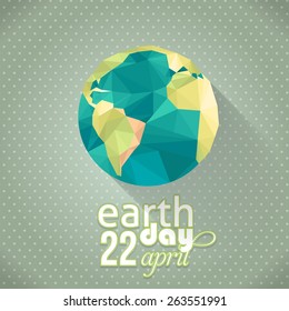 Vector Low Poly April 22 Earth Day Lettering and World Map 