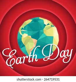 Vector Low Poly April 22 Earth Day Lettering and World Map in Cinematic Red Color Background
