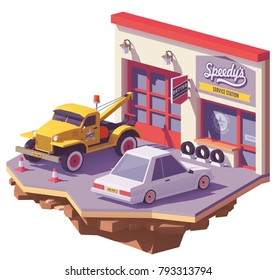 Vector Low Poly Automobile Repair Shop Garage Building Exterior With Tow Truck