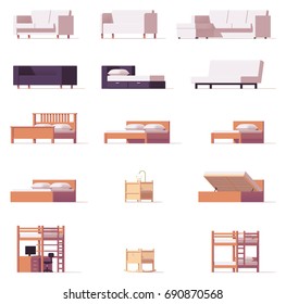 Vector low poly beds and sofas set