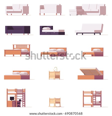 Vector low poly beds and sofas set