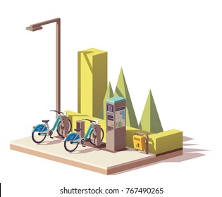 Vector low poly bicycle sharing system - two bikes, dock stations, payment terminal with bike station map