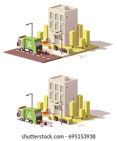 Vector low poly building with garbage truck and separated waste containers