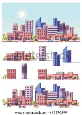 Vector low poly buildings and city scene