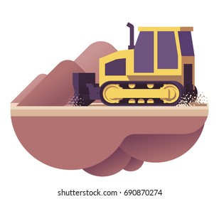 Vector low poly bulldozer moving dirt