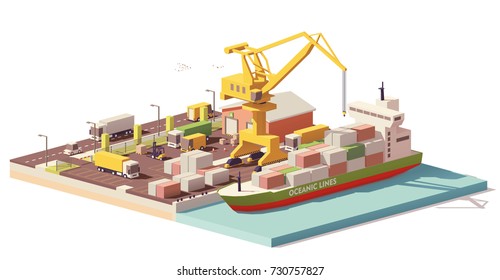 Vector low poly cargo port container terminal with crane, container ship and warehouse