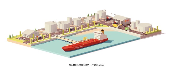 Vector low poly cargo port oil depot with tanker ship