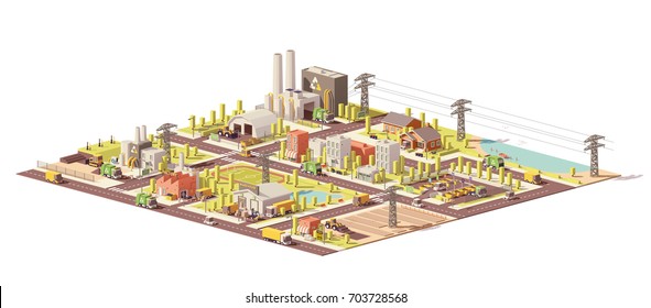 Vector low poly city waste management infrastructure. Includes collection, separation, landfill gas collection and recycling facilities