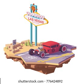 Vector low poly classic American hot rod car on the highway near Las Vegas