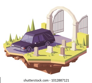 Vector low poly classic black funeral hearse car on the cemetery