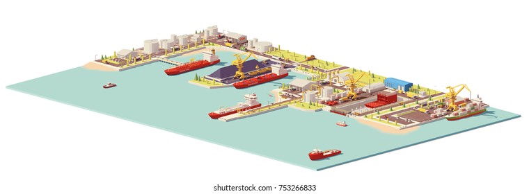 Vector low poly commercial sea port. Includes oil, coal, LNG, container terminals, dry dock, ships and industrial infrastructure elements