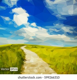 Vector low poly country road in the fields blue sky sunshine day