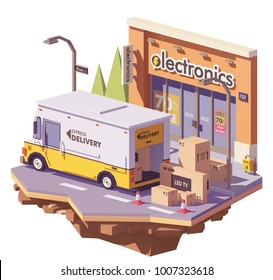 Vector low poly delivery service multi-stop truck loading with electronics in cardboard boxes in front of electronics store