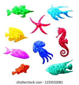 Vector low poly design set of different beautiful sea fish, seahorse, starfish, jellyfish on white background