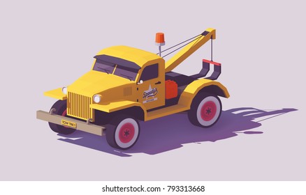 Vector low poly detailed classic yellow tow truck