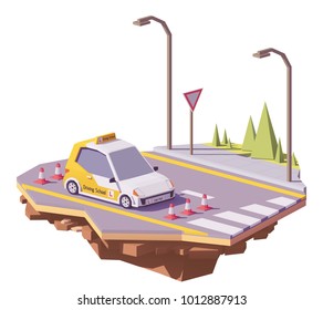 Vector low poly driving school car and traffic cones on the drivers training grounds