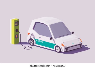 Vector low poly electric car and electric vehicle charging station