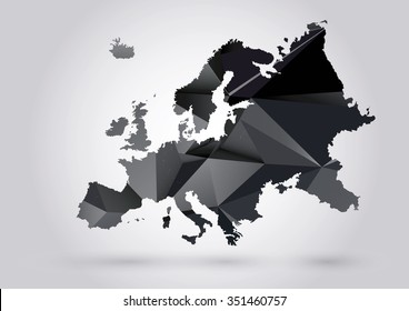 Vector Low Poly Europe Map. Polygonal ow-poly black coal mining illustration.