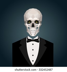 vector low poly  halloween skull in suit  on blue background