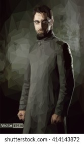 Vector low poly handsome man in black coat over dark wall triang