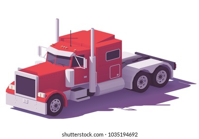 Vector low poly heavy american classic semi truck in red color