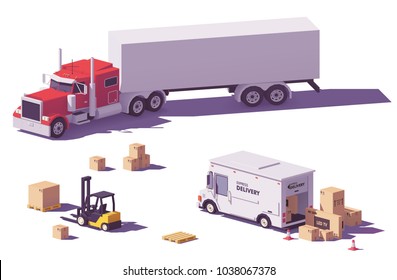 Vector Low Poly Heavy American Classic Semi Truck With Semi Trailer, Stepvan And Forklift