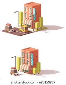 Vector low poly hotel icon, taxicab and car loaded with suitcases