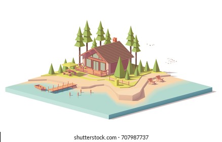Vector Low Poly House In Forest Near The River