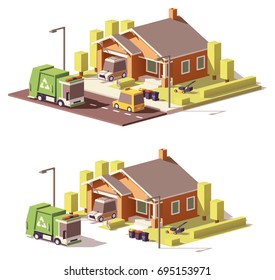 Vector low poly house with garbage truck and separated waste containers