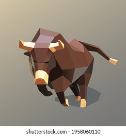 Vector low poly illustration of brown bull in strong pose.