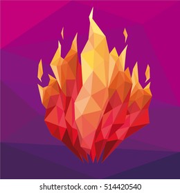 Vector low poly illustration of fire burning on abstract purple background