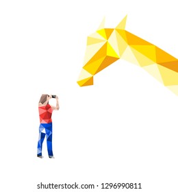 Vector low poly illustration with giraffe head and woman. Illustrations can be used in information boards, newsletters, brochures, postcards, tickets, advertisements, banners