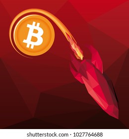 Vector low poly illustration of red rocket representing bitcoin price on free fall