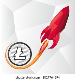 Vector low poly illustration of red rocket representing Litecoin skyrocketing