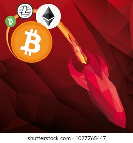 Vector low poly illustration of red rocket representing bitcoin and other crypto currency prices on free fall