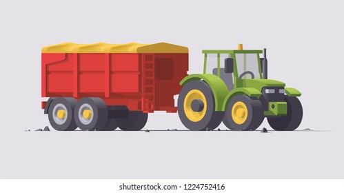 Vector Low poly isolated green tractor with trailer