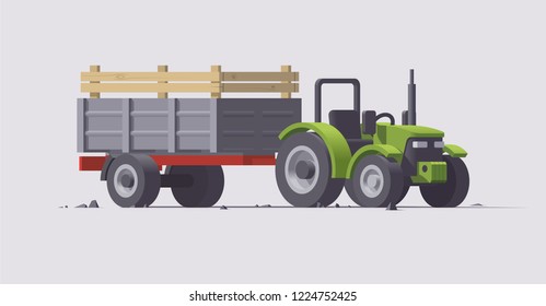 Vector Low poly isolated green mini tractor with trailer