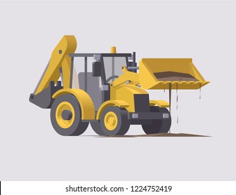 Vector Low poly isolated yellow backhoe loader with dirt in bucket