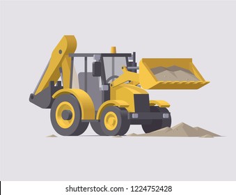 Vector low poly isolated yellow backhoe loader with sand in bucket