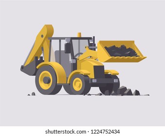 Vector low poly isolated yellow backhoe loader with stones in bucket