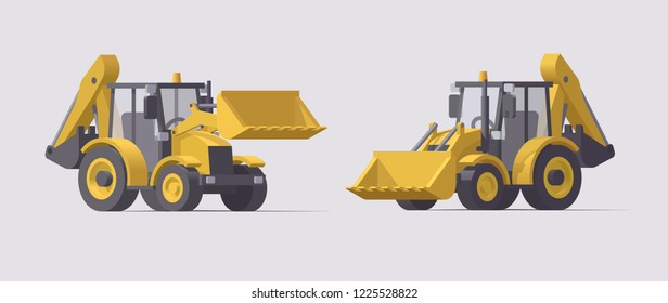 Vector Low poly isolated yellow backhoe loader set