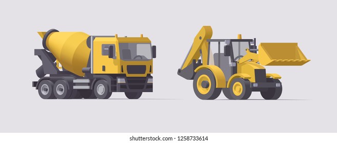 Vector low poly isolated yellow cement 
mixer and backhoe loader