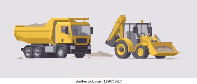 Vector low poly isolated yellow dump truck and backhoe loader with sand in bucket