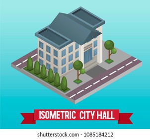 Vector low poly isometric 3d city hall. Vector isometric icon or infographic element representing a public government building. Detailed street with mayor municipal office. Vector illustration