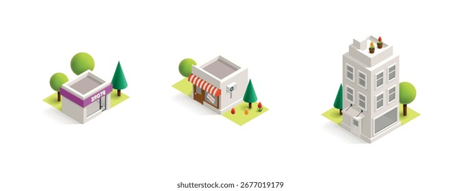 Conjunto de edificios isométricos de bajo poli de Vector