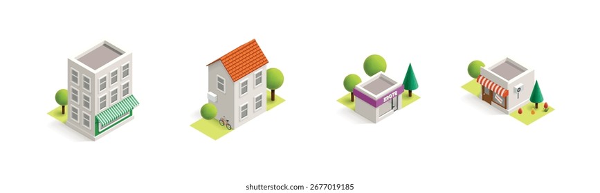 Conjunto de edificios isométricos de bajo poli de Vector