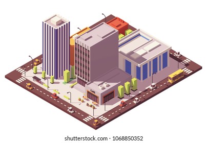 Vector low poly isometric city block with buildings, houses, stores